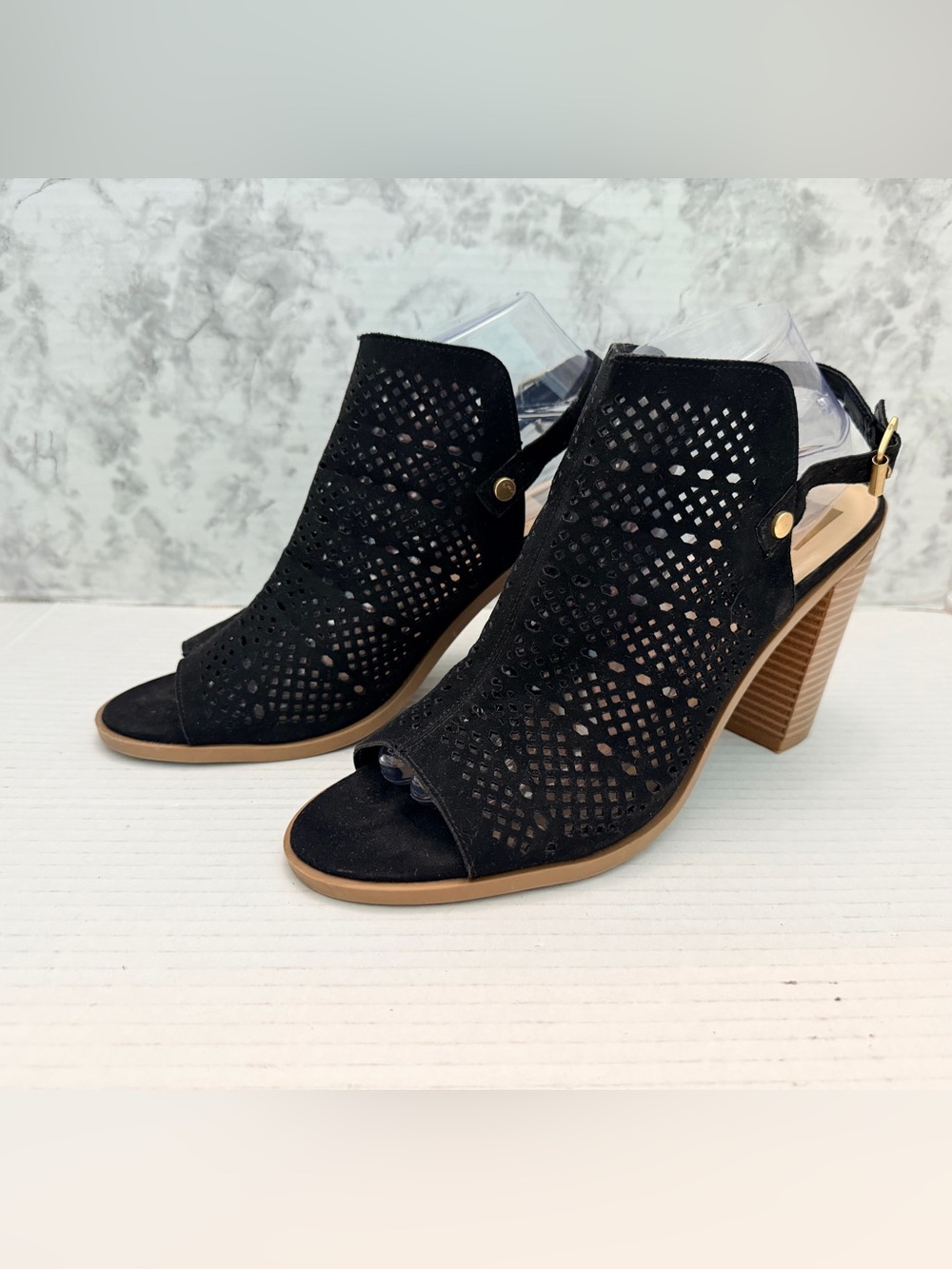 Dolce Vita Black Laser-Cut Peep-Toe Block Heel Sandals